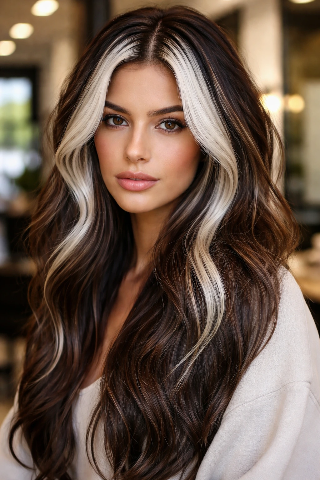 Close-up of brunette with high-contrast chunky white panels in crown and sides, in a salon