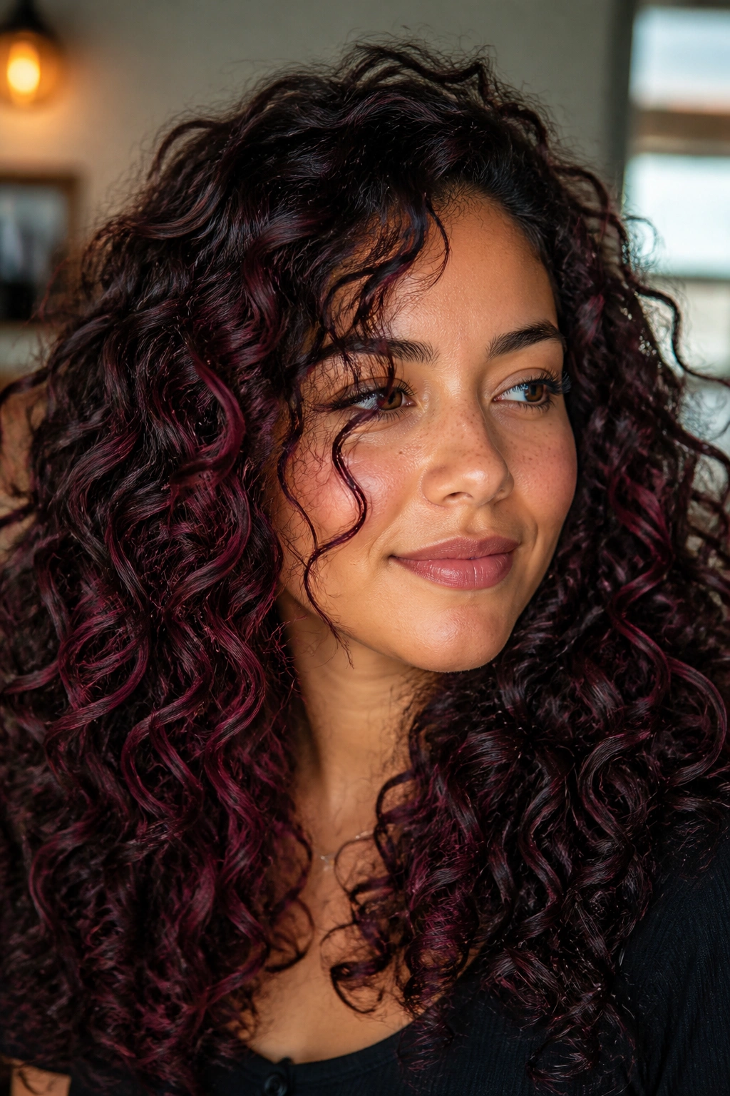 Close-up of curly hair with black cherry lowlights on a real woman