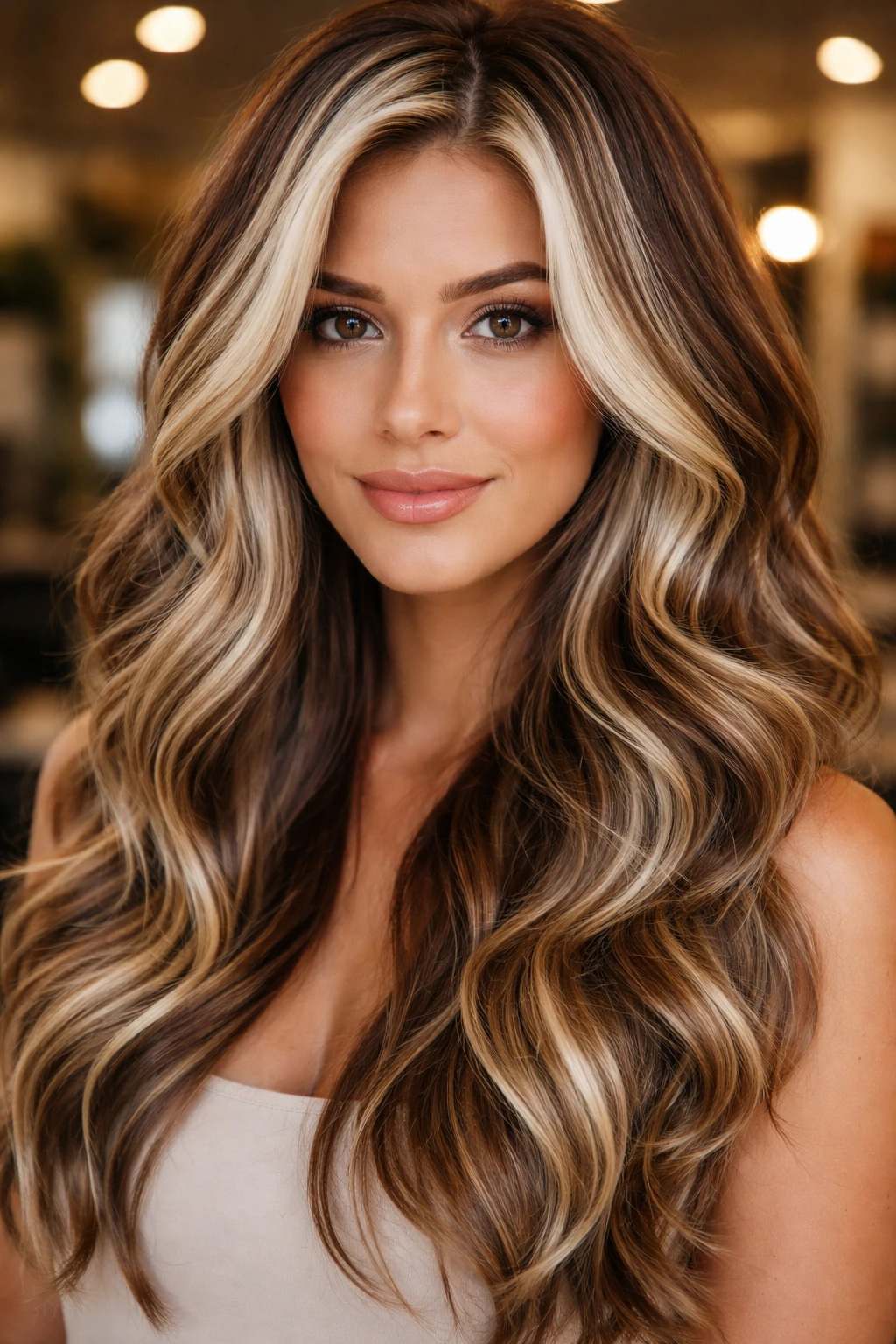 Brunette with creamy white highlights and caramel lowlights