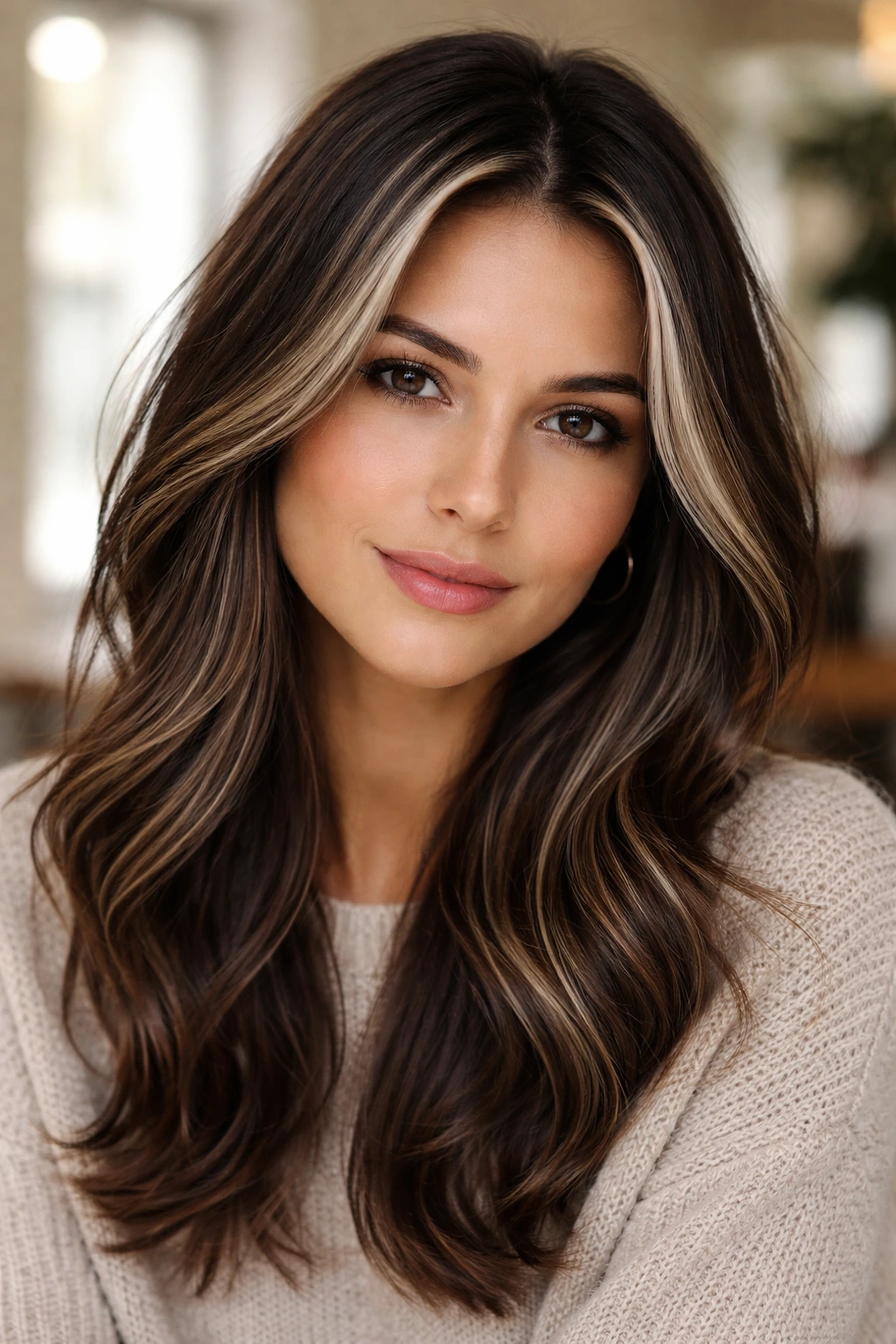 Brunette with light white dusting highlights around the face in a cozy salon
