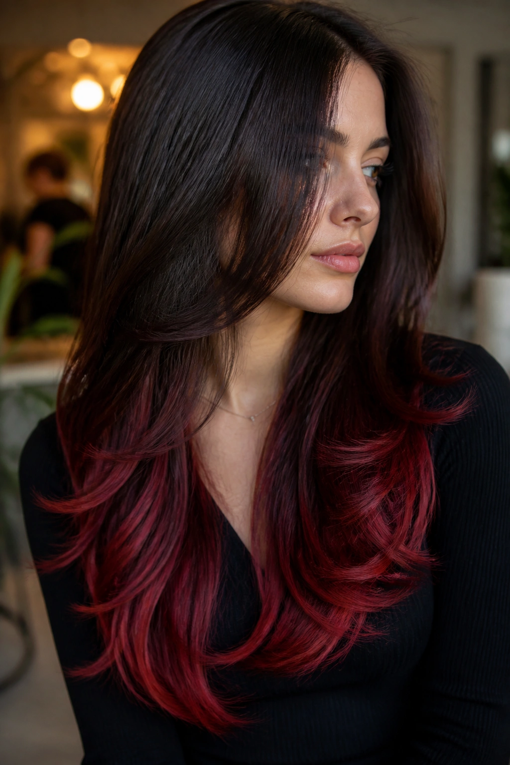 Close-up portrait of a real woman with layered U-shaped haircut and dipped cherry tips