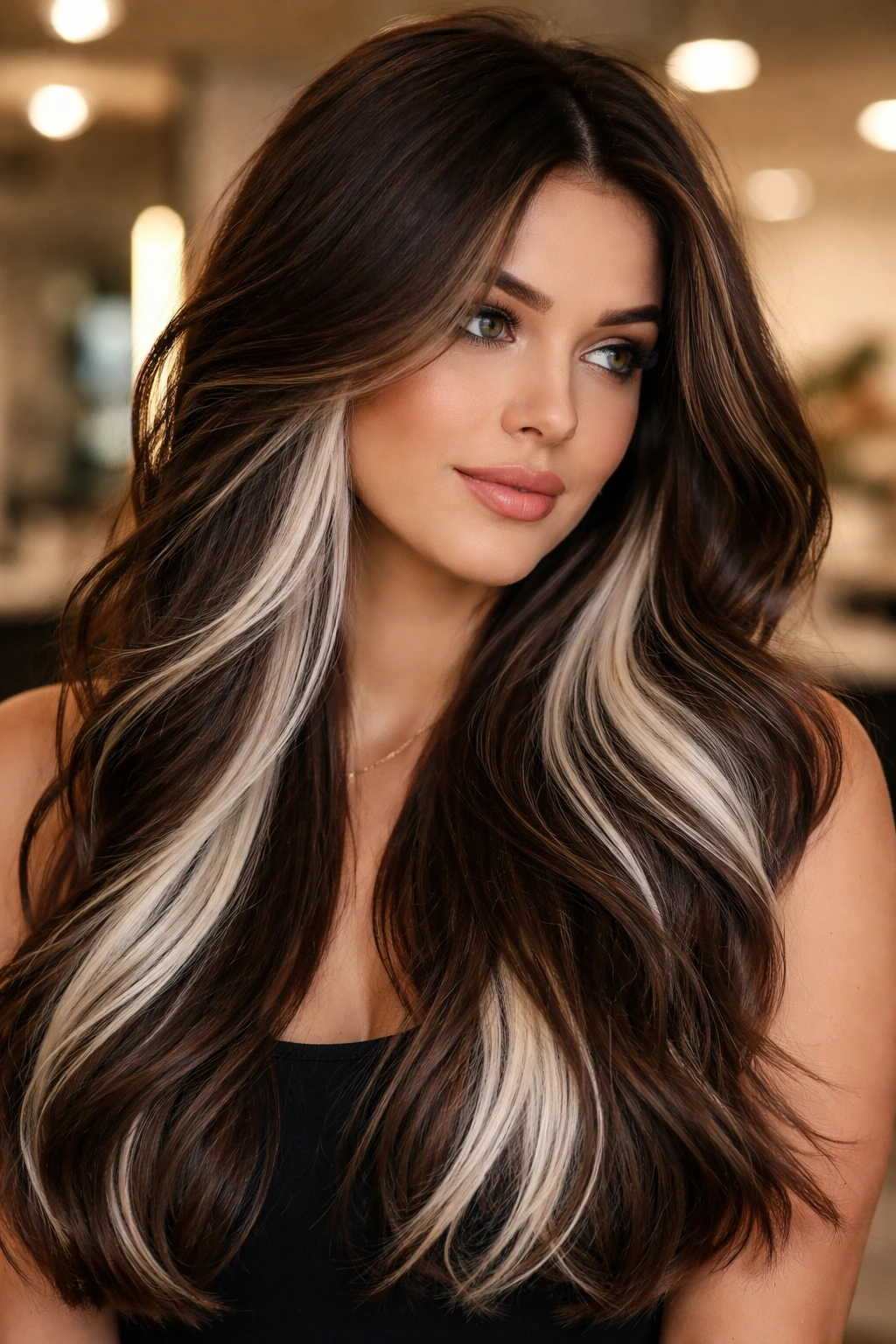 Real person with bright white peekaboo layers visible in lower hair