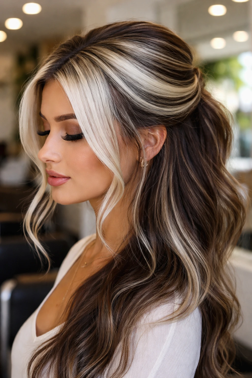 Woman with heavy platinum crown highlights on brown hair