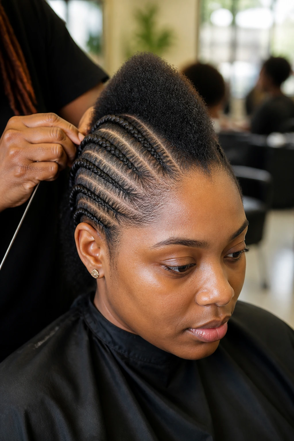 Real person in a salon preparing hair for crochet base with straight-back cornrows