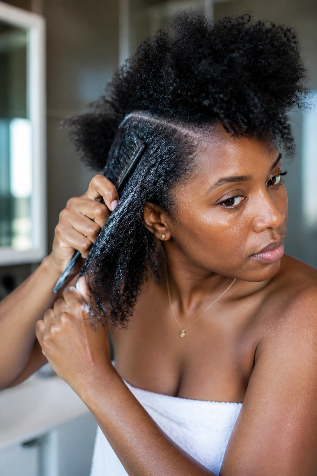 Close-up of a real woman prepping hair with conditioner in a bathroom