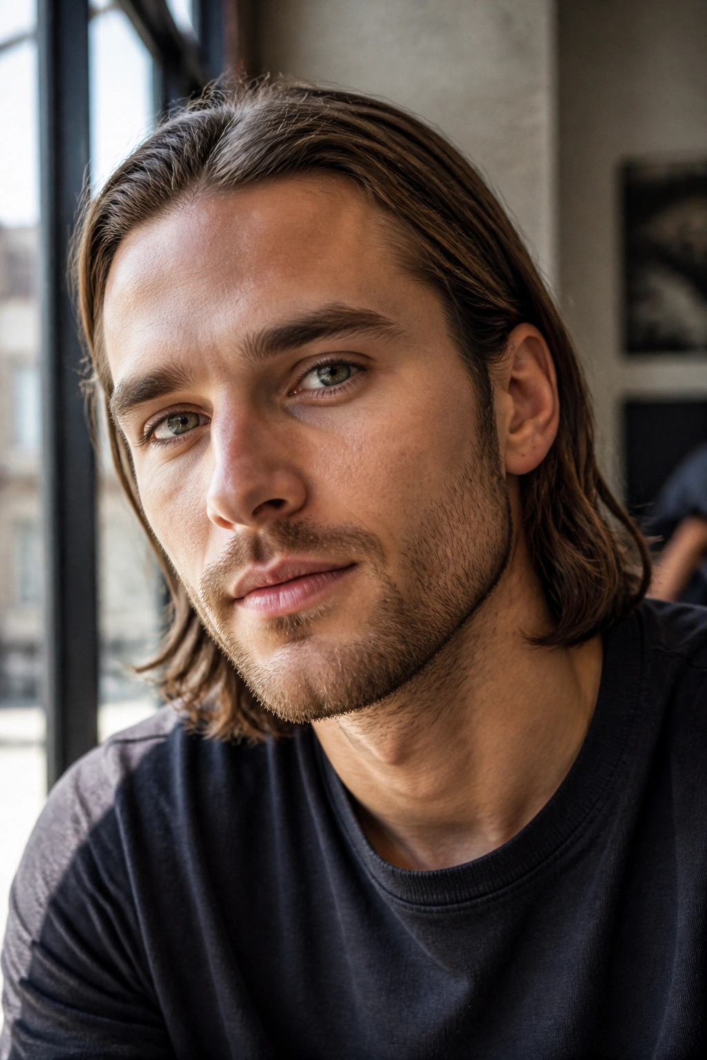 Close-up portrait of a person with hair tucked behind the ears