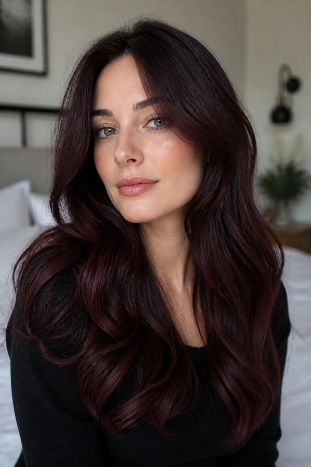 Real person with glossy truffle brown hair and cherry smoke effect