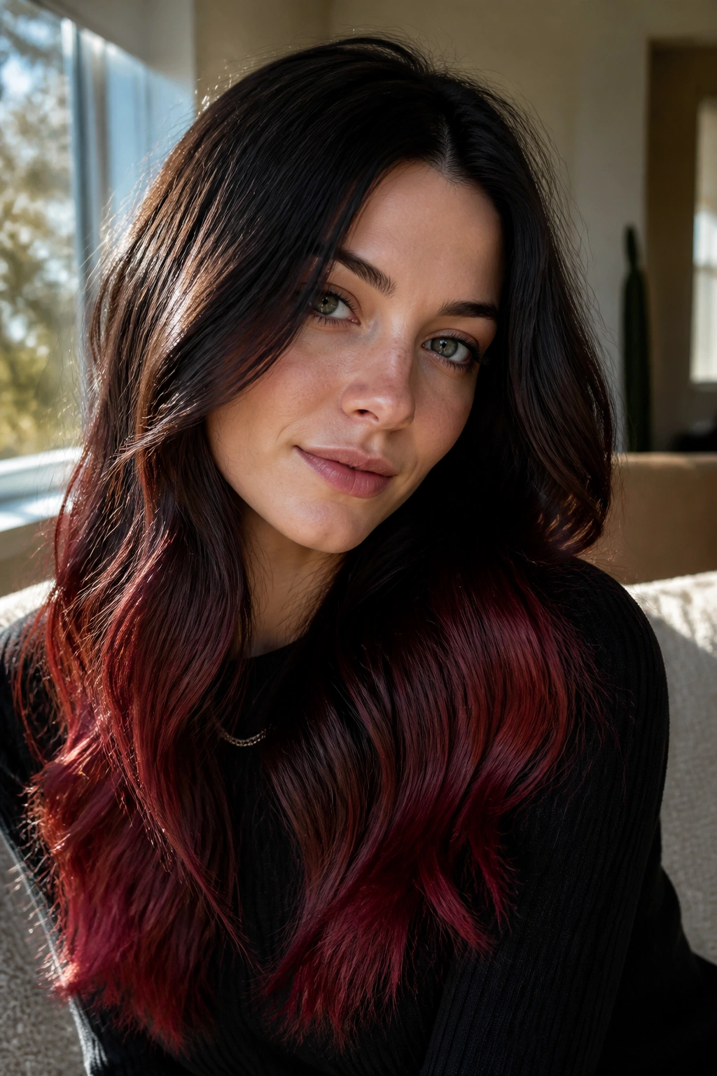 Close-up portrait of real person with cold brew brown hair and cherry ends in natural window light