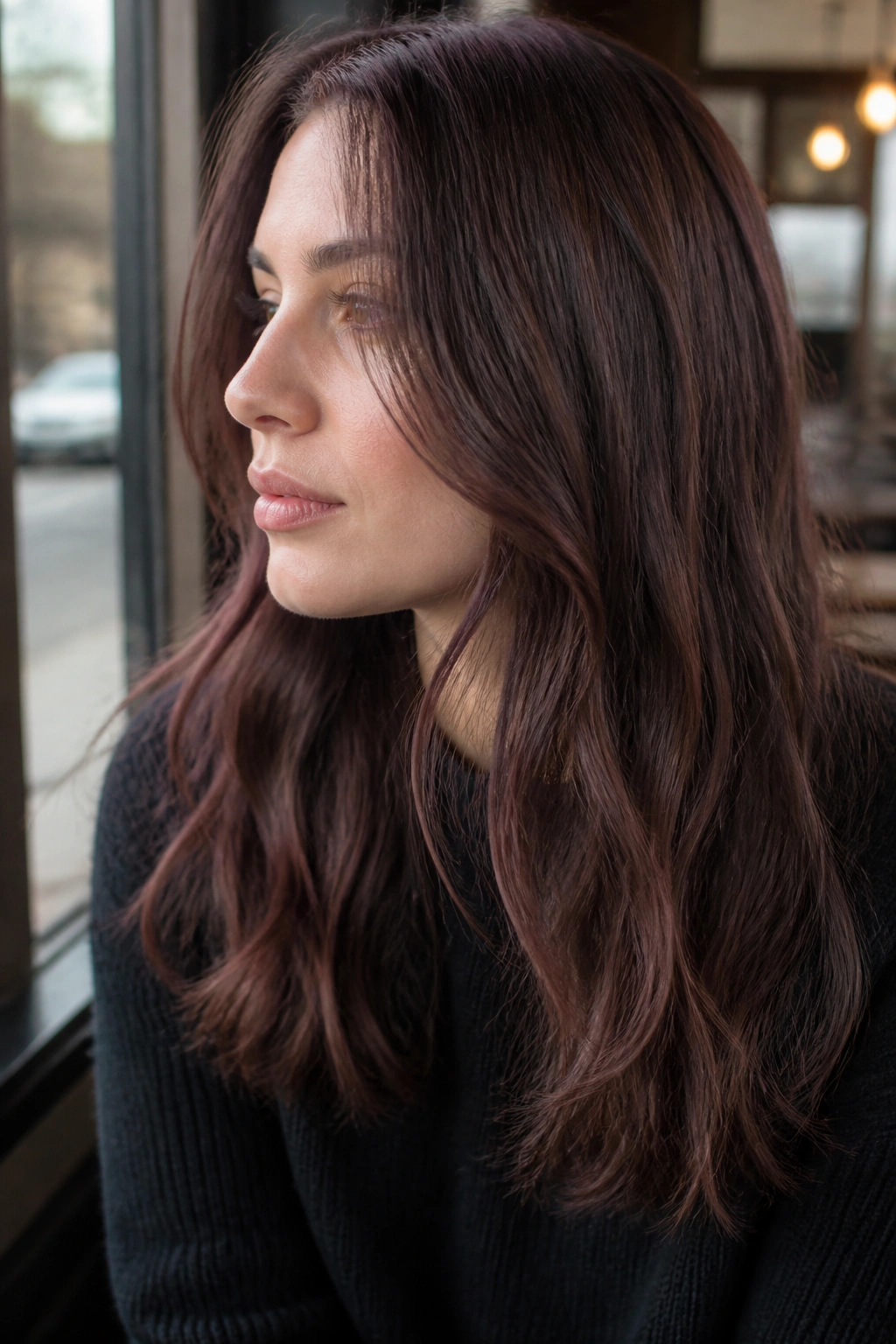 Portrait of mushroom brown hair with cherry tint in soft daylight