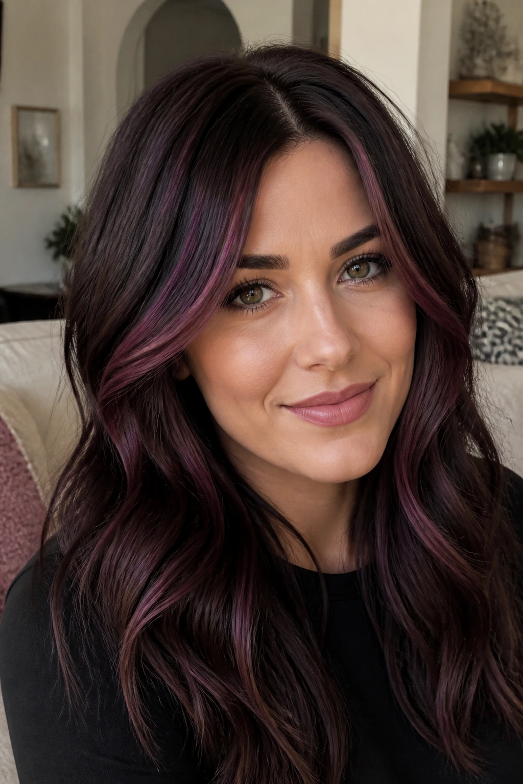 Brunette with violet cherry accents close-up portrait