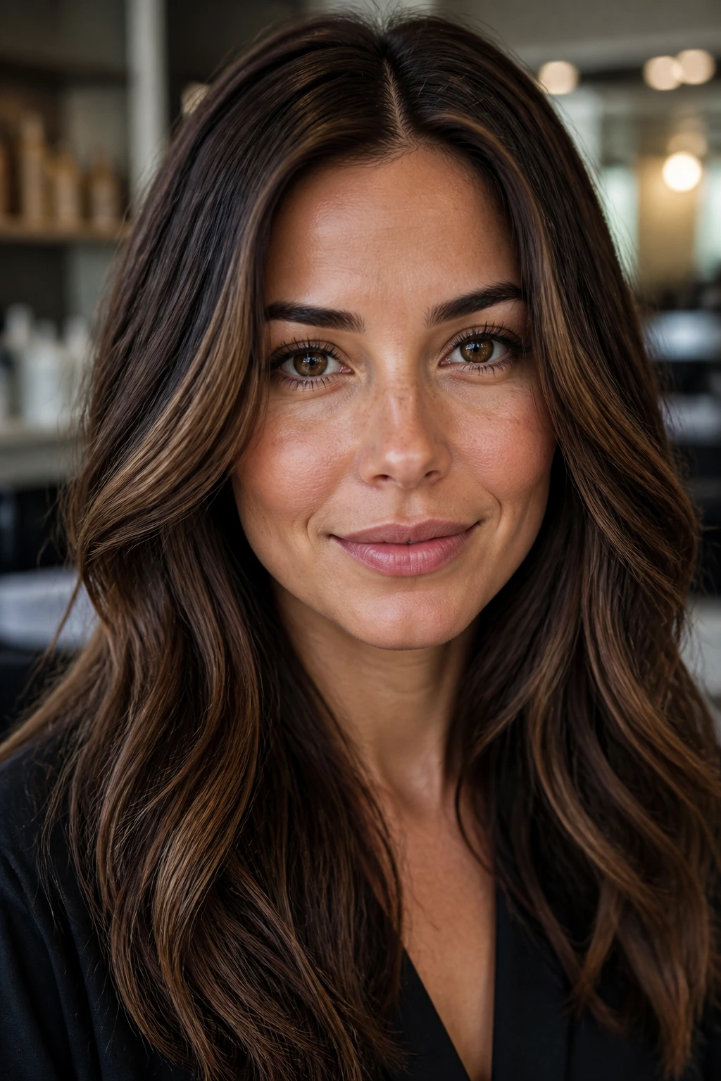 Close-up of brunette with hairline contour lowlights around forehead and temples