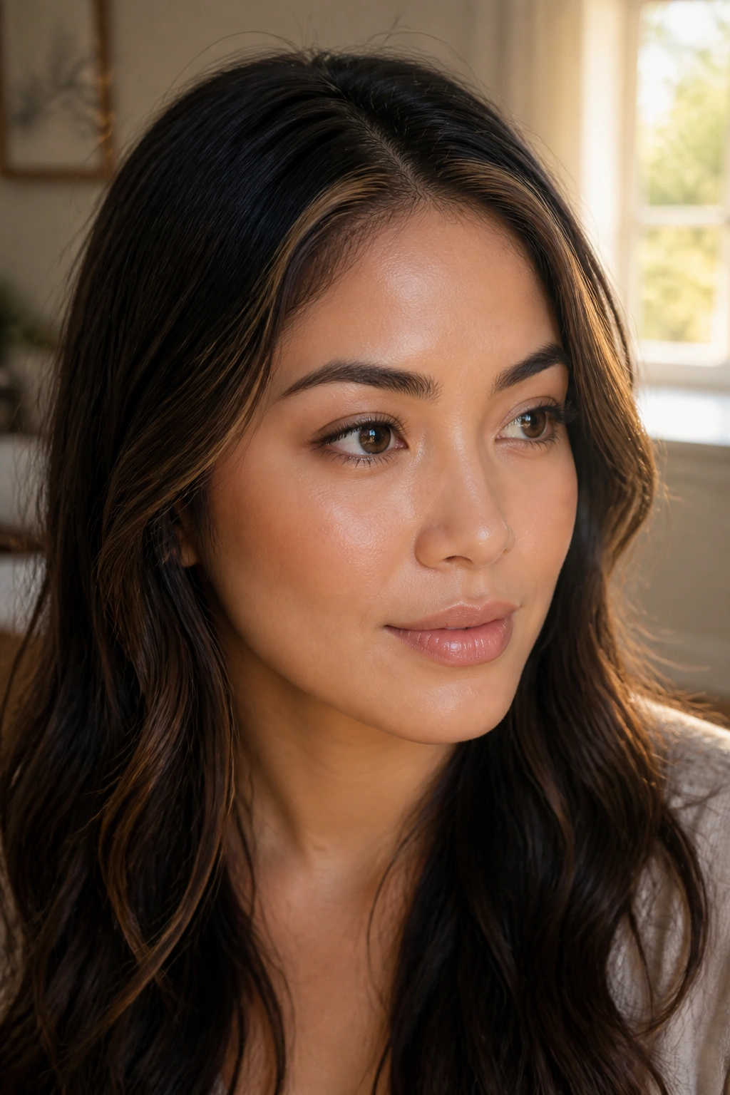 Close-up of subtle caramel veil highlights at the hairline framing the face.