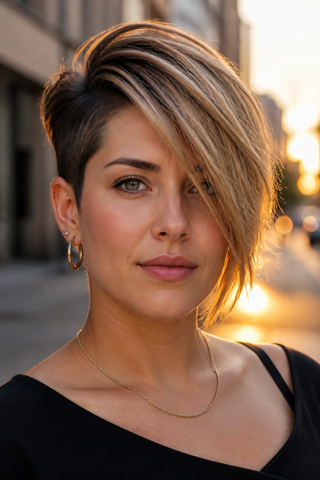 Close-up portrait of a real woman with an asymmetrical short haircut and longer one side