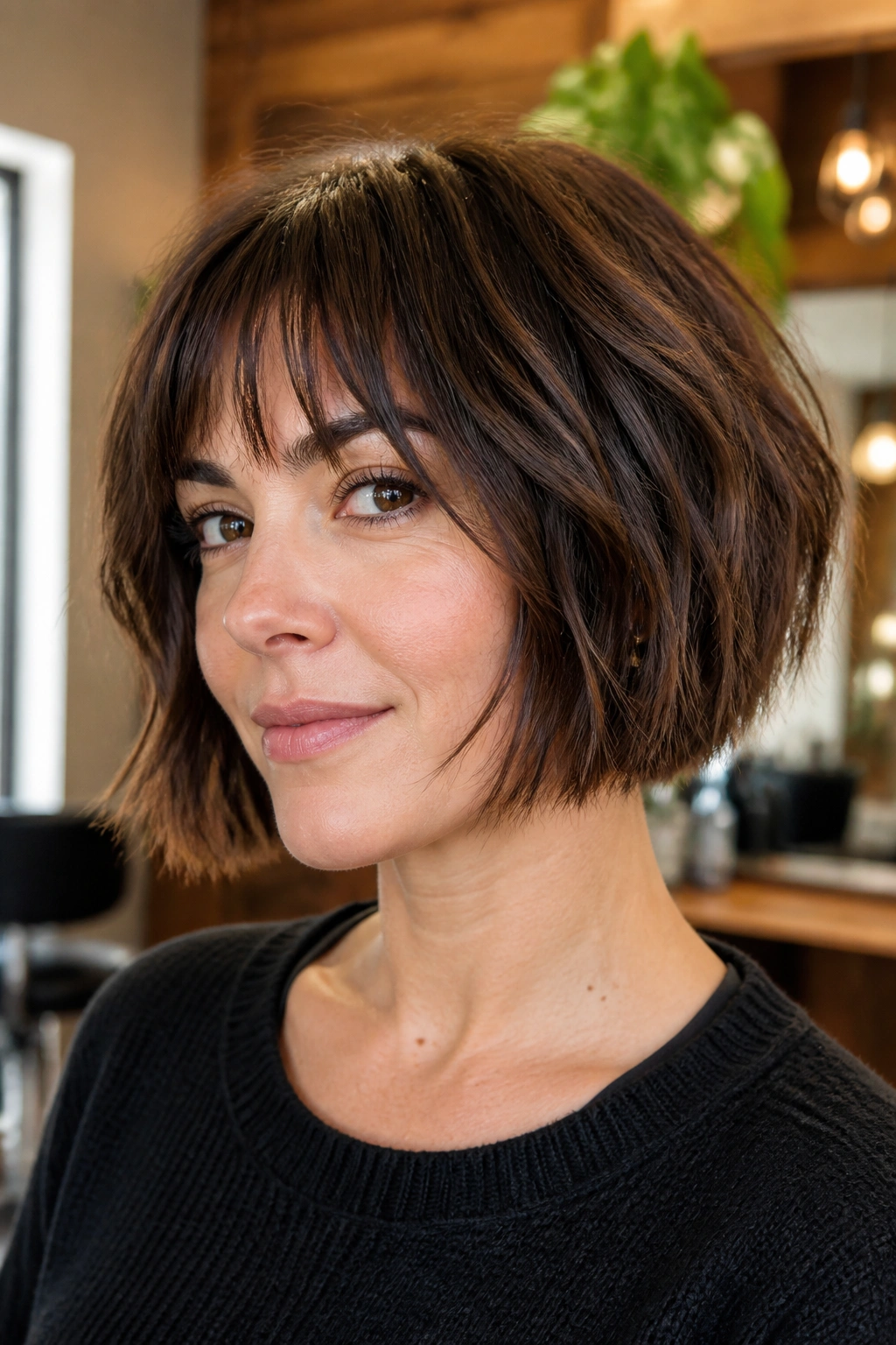 Close-up portrait of a real woman with a choppy jawline bob in warm salon lighting