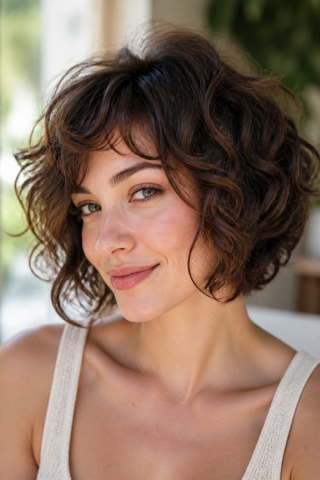 Close-up portrait of a real woman with a curly layered bob and lifted crown