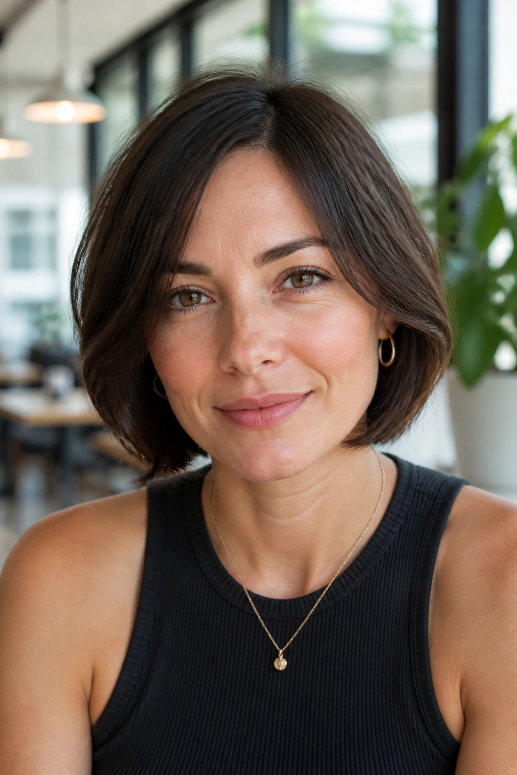 Close-up portrait of a real woman with an invisible-layer bob