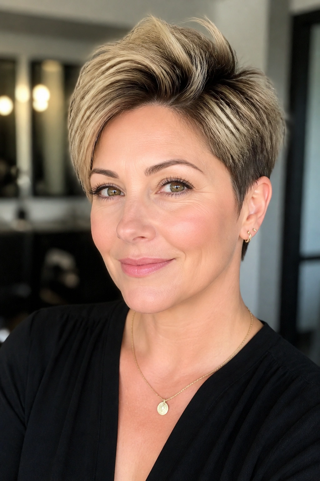 Close-up portrait of a real woman with a tapered pixie and crown volume