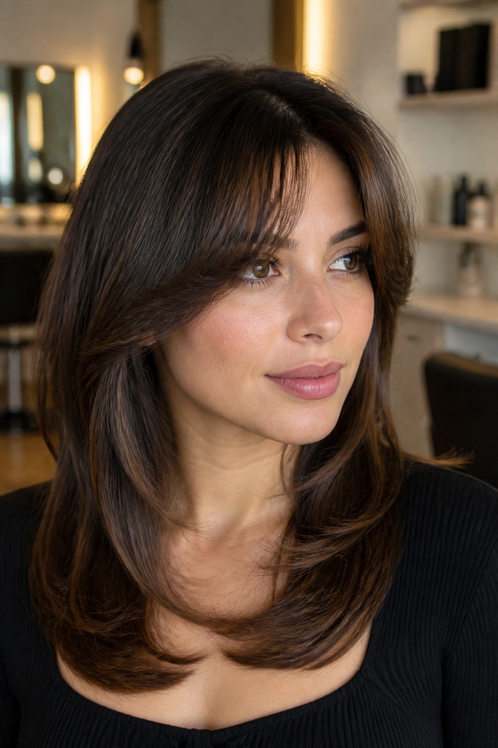 Close-up of a real woman with blowout half bangs and a soft bend in warm salon lighting.