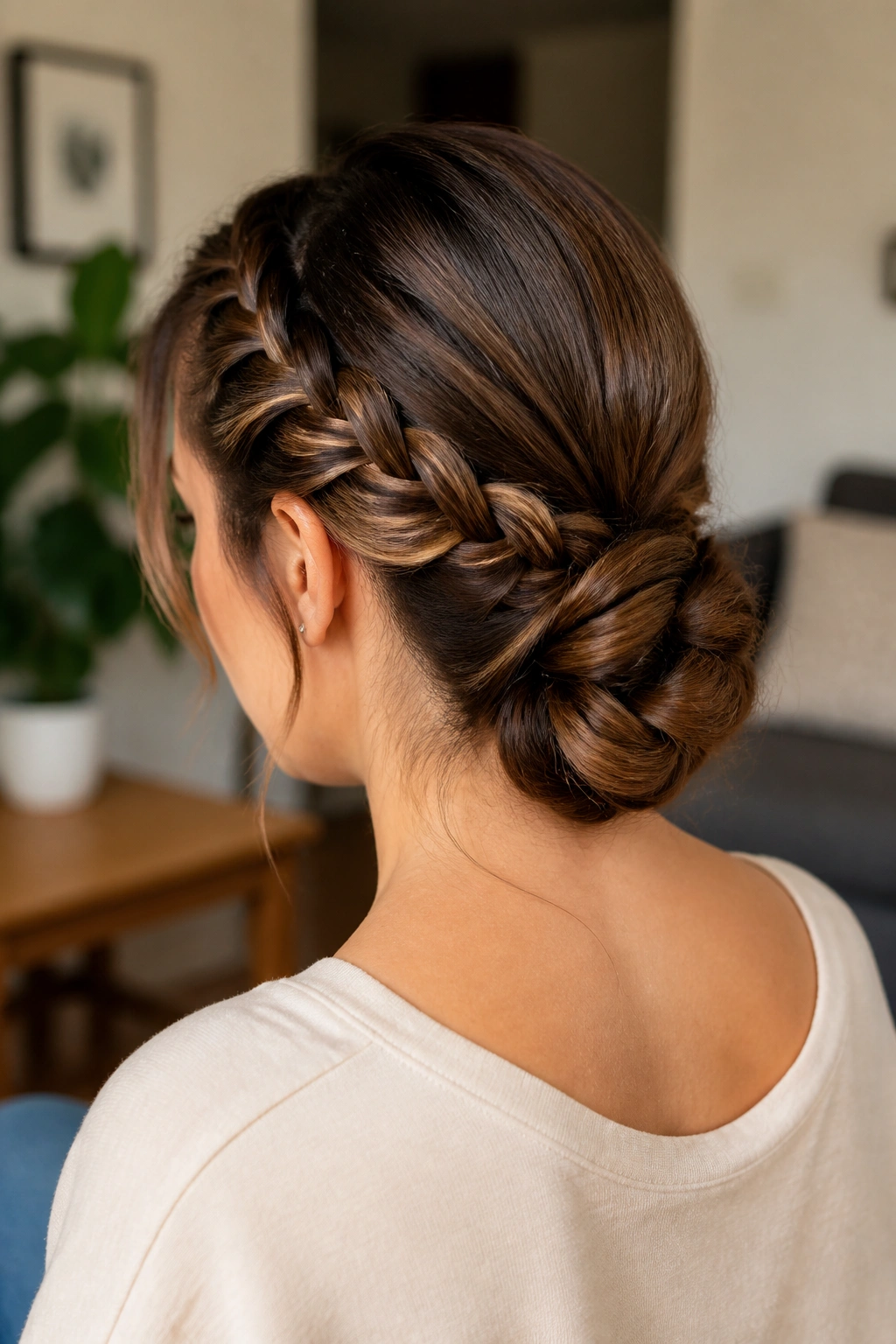 Three-quarter rear view of half-braided low updo with braid entering a low bun