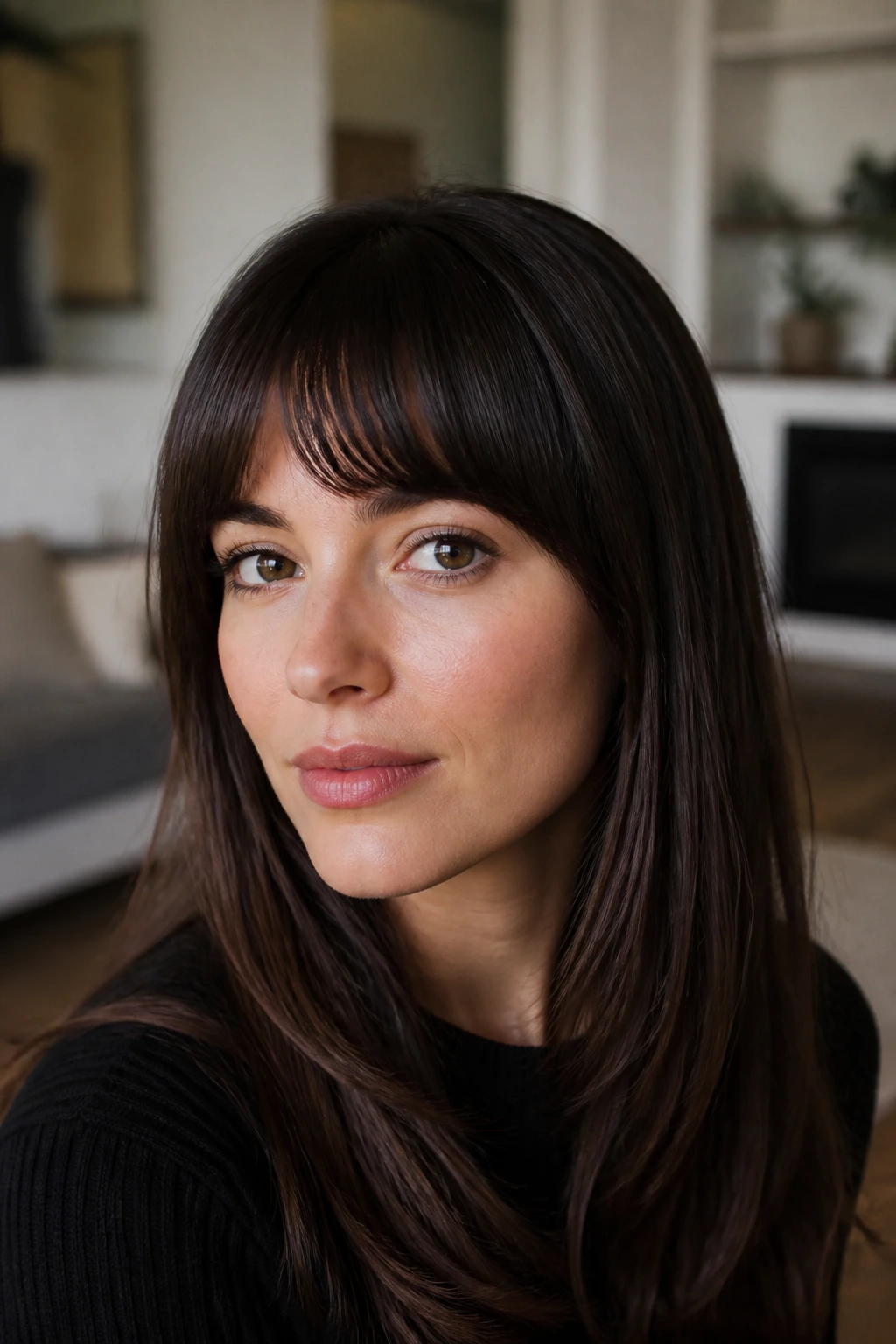 Portrait of a real person wearing half-moon bangs in natural light