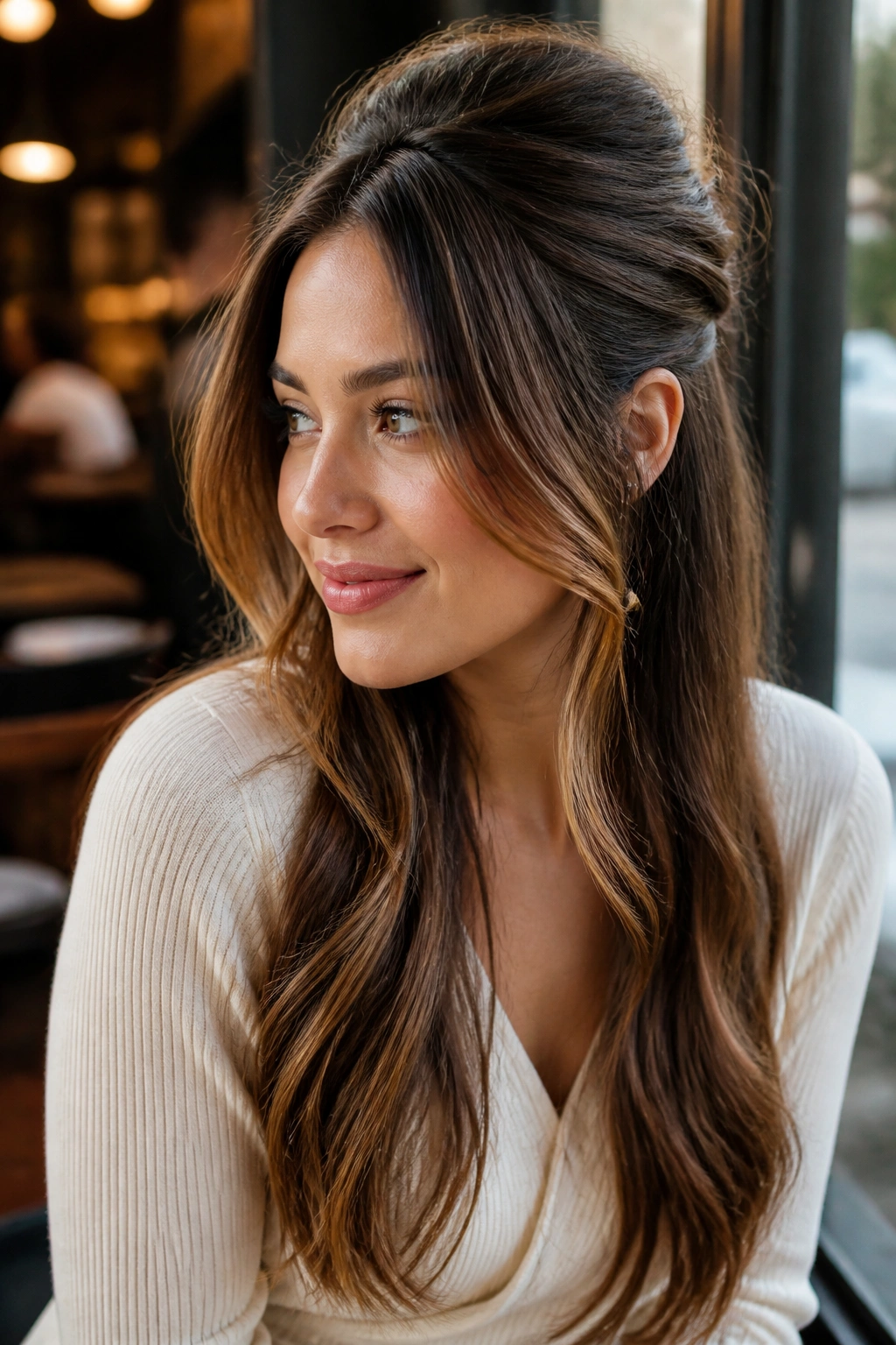Close-up of a real person with half-up asymmetrical long hair at a cafe window