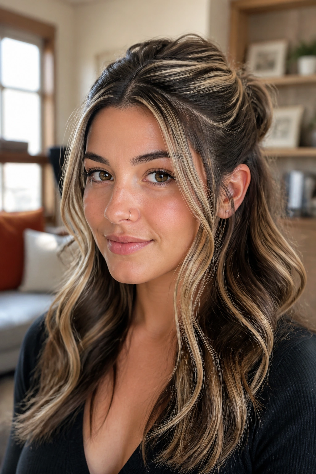 Real woman in half-up hairstyle with crown-blonde placement