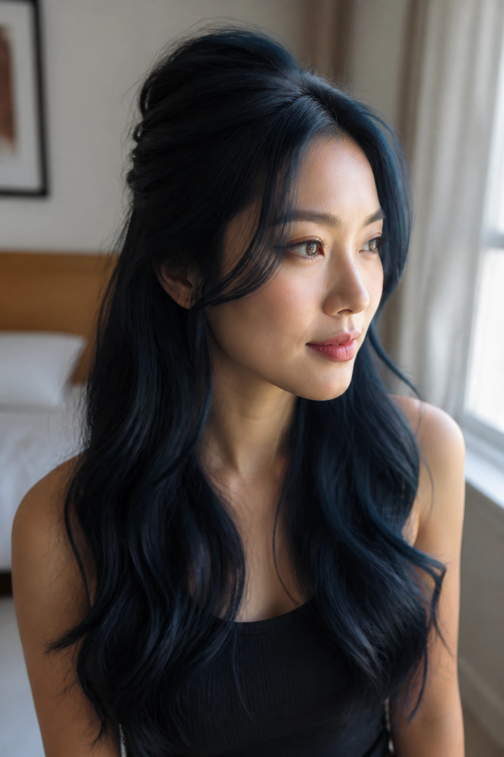 Close-up portrait of half-up blue-black hair on a real woman with crown lift and glossy long strands.