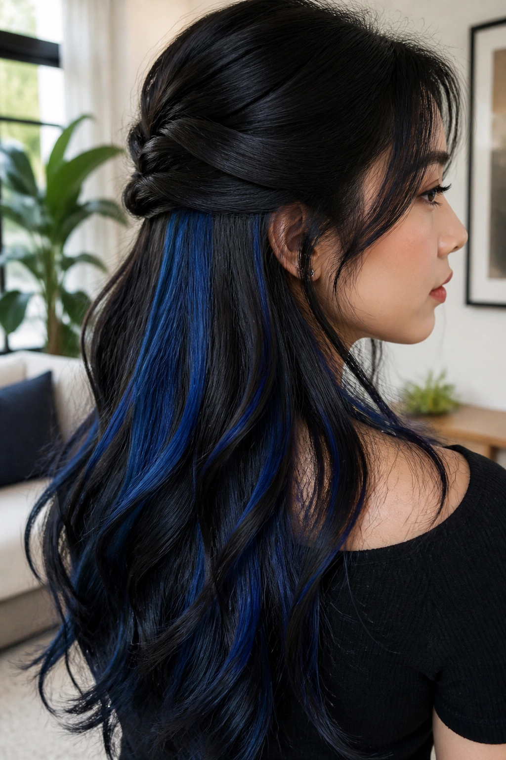 Close-up of half-up hairstyle with blue underlayers on a real woman