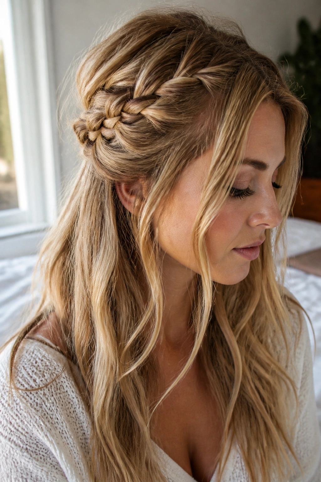 Close-up of a real woman with a half-up boho braid