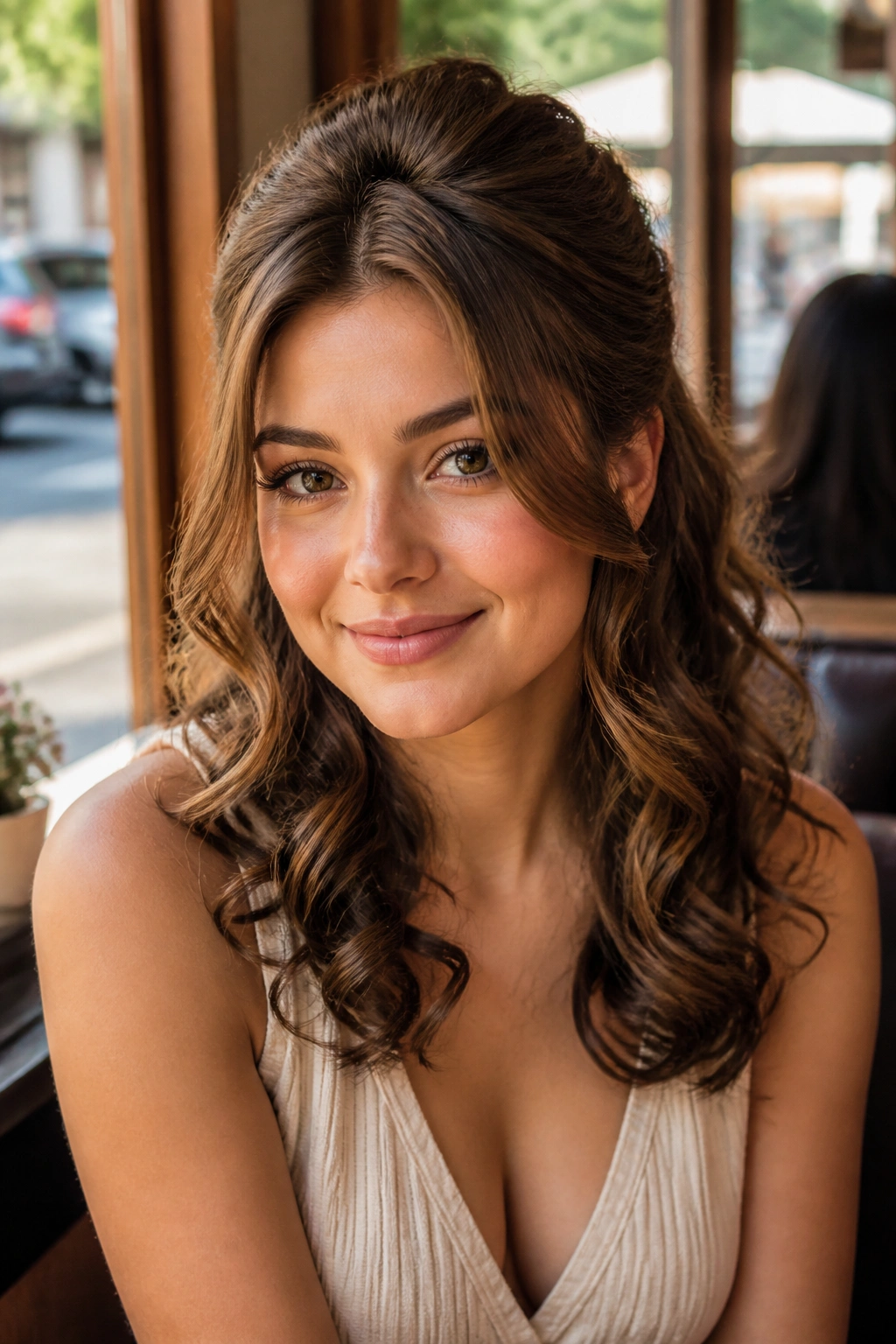 Portrait of a real woman with a half-up bouffant and soft curls