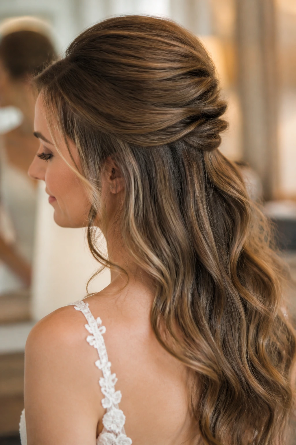 Close-up of a real woman with a romantic half-up bouffant and veiled-friendly back