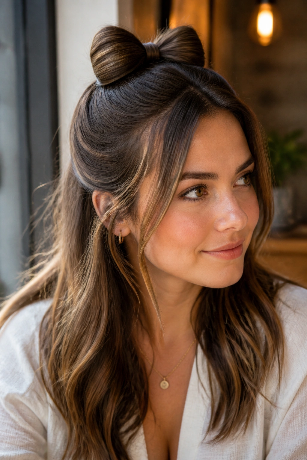Close-up of a real woman showing a hair bow formed by the half-up hair at the crown