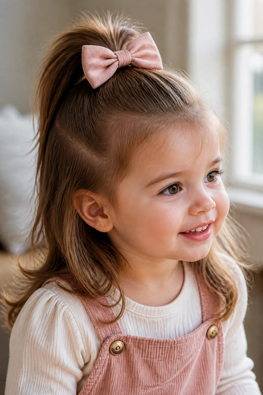 Close-up of a toddler with half-up bow ponytail