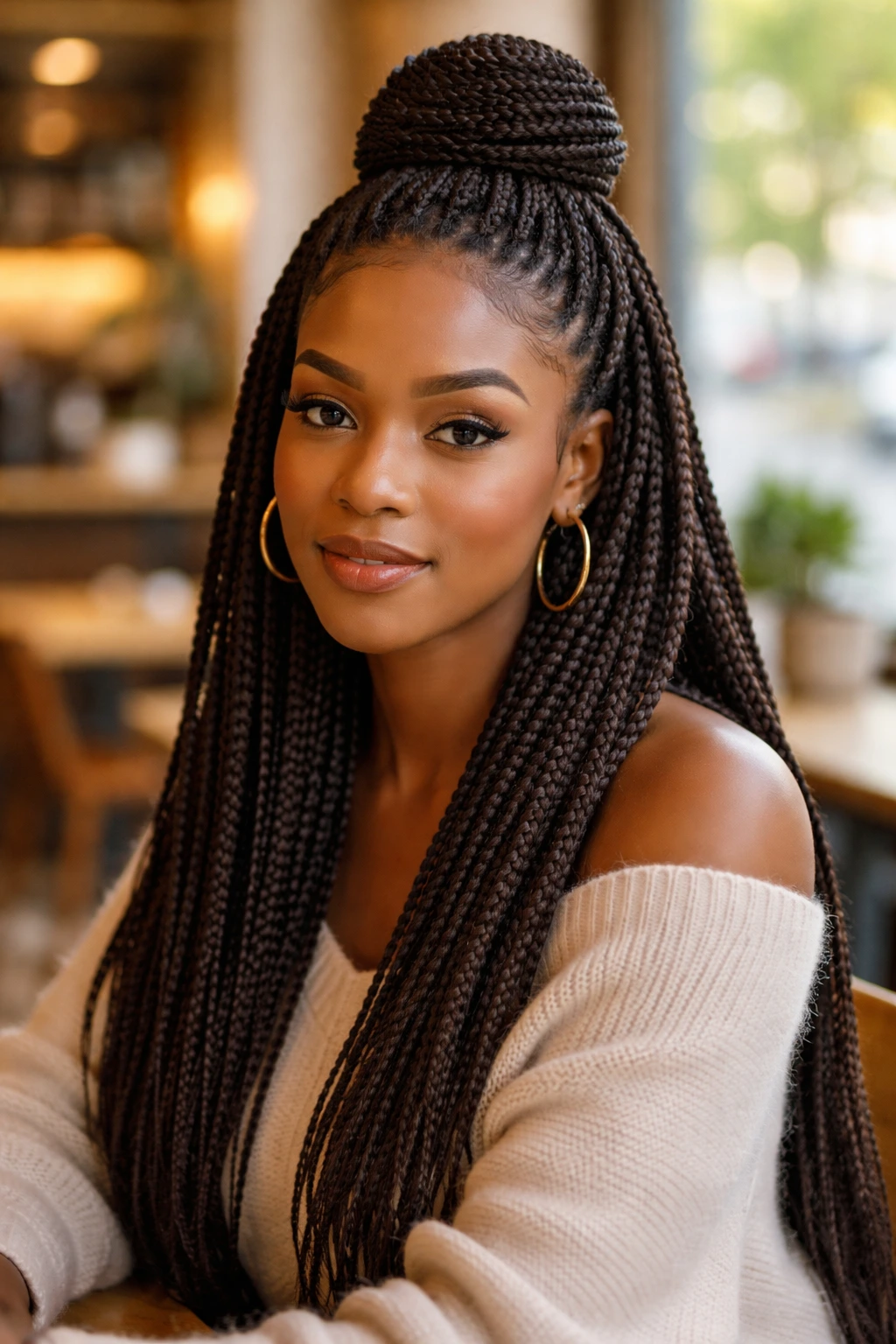 Portrait of a woman with half-up half-down box braids in natural light