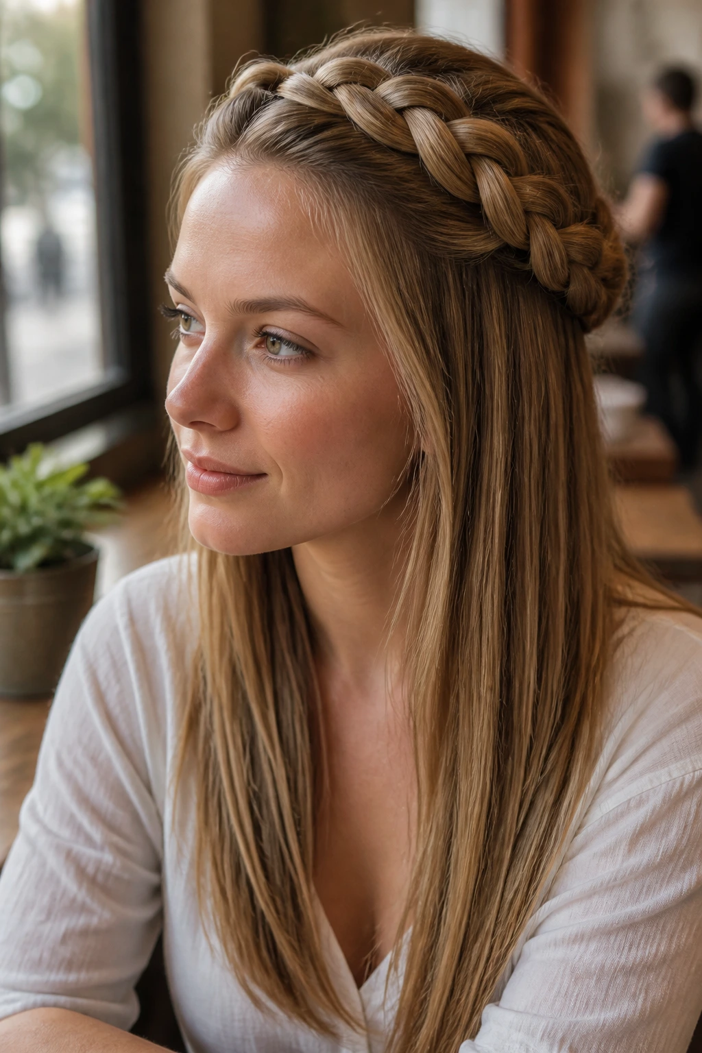 Close-up of a real person with a half-up braided crown in a cafe setting