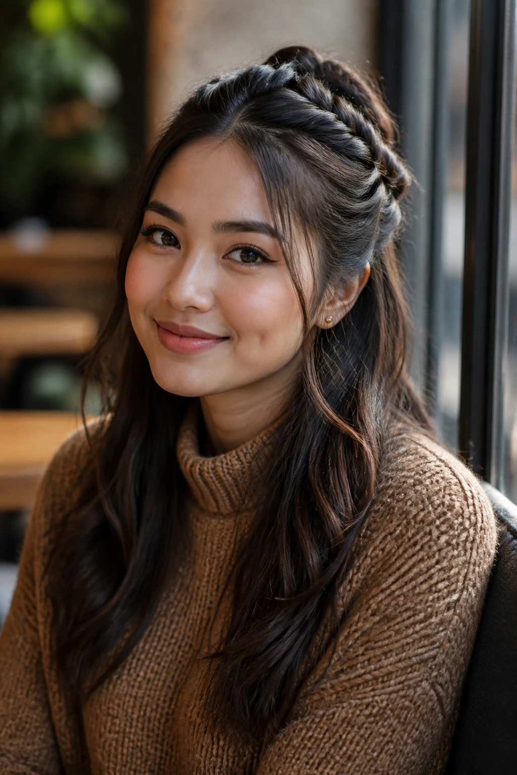 Close-up portrait of a real woman with a half-up braided hairstyle with loose ends in warm natural light.
