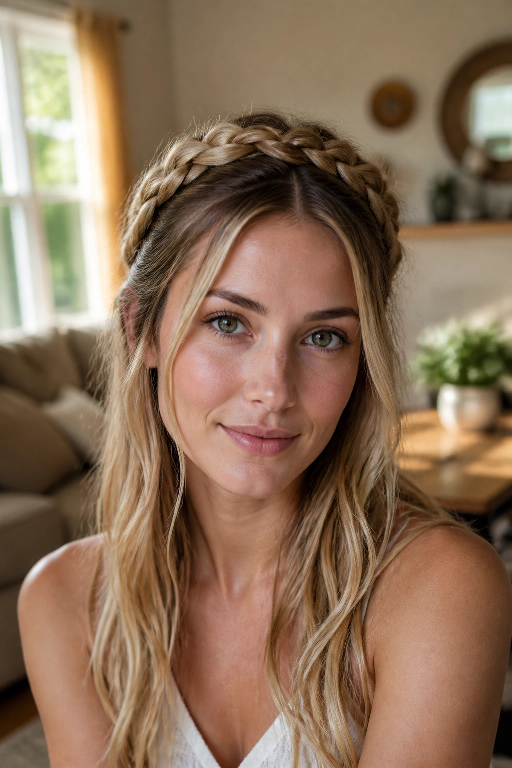 Close-up portrait of a real woman with a half-up braided halo