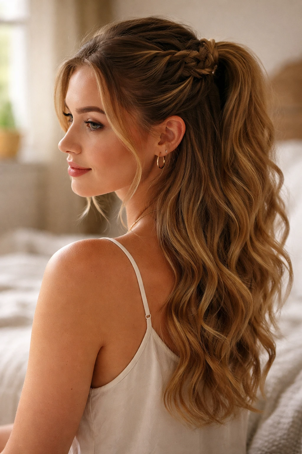 Close-up of a half-up braided ponytail on a real woman in soft window light