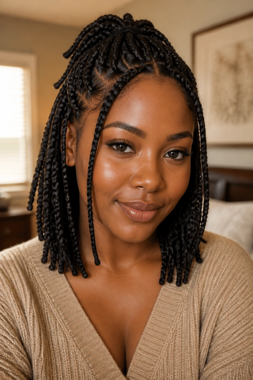 Close-up of a real woman with a half-up crown puff on short box braids in a cozy bedroom