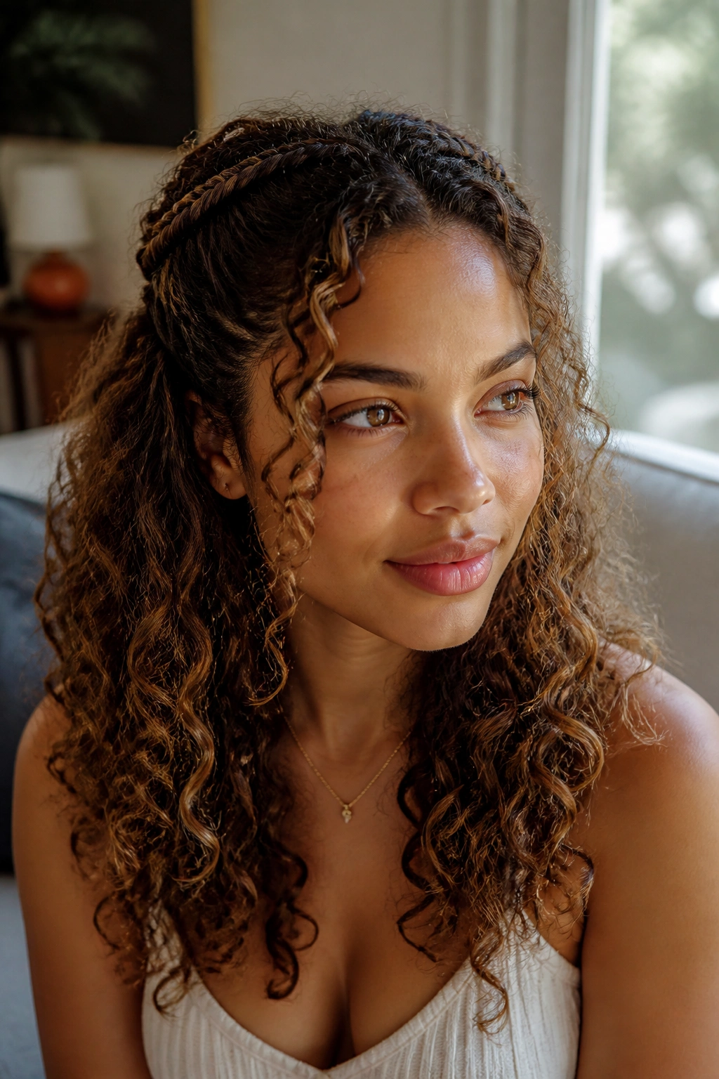 Close-up of a real woman with two small front braids and loose curls around the face.
