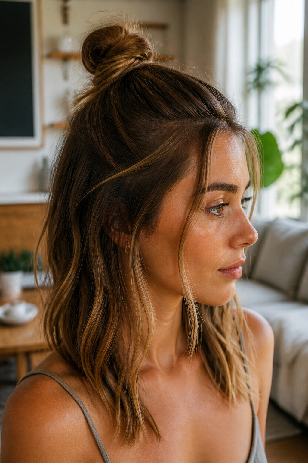 Close-up of a woman with a small bun at the crown and loose hair around the face.