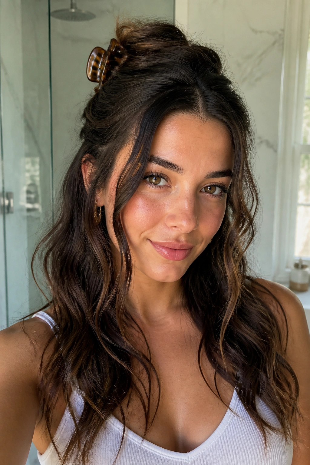 Close-up of a real woman with a half-up twist using a claw clip in thick wavy hair