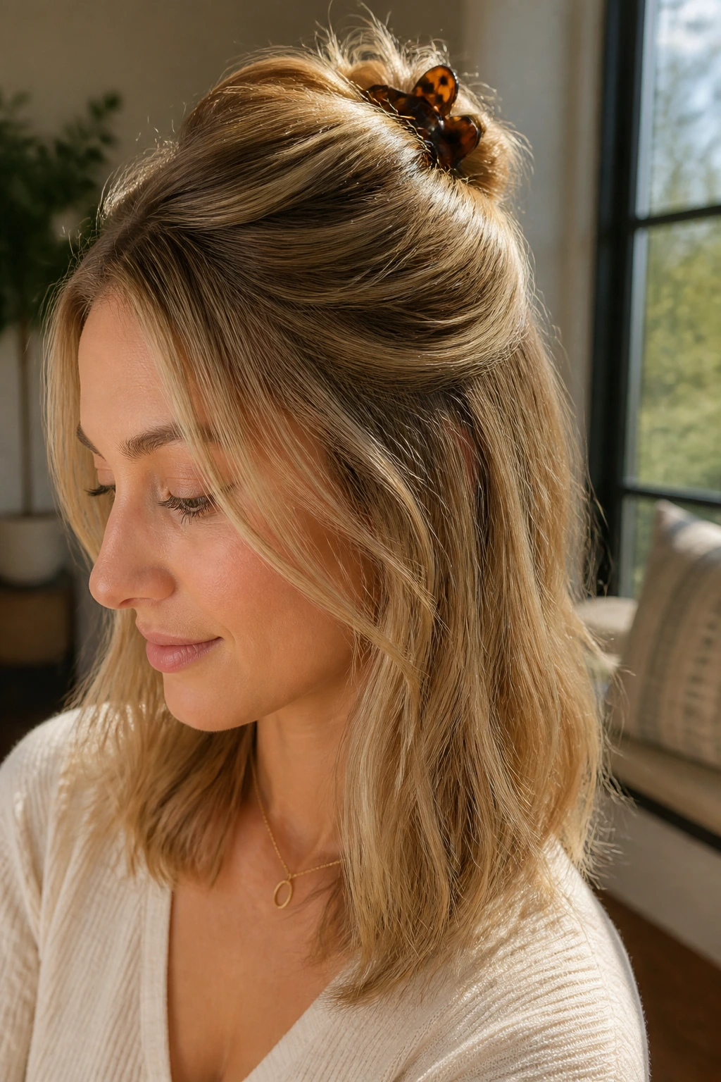 Real person with half-up claw clip hairstyle in warm home daylight