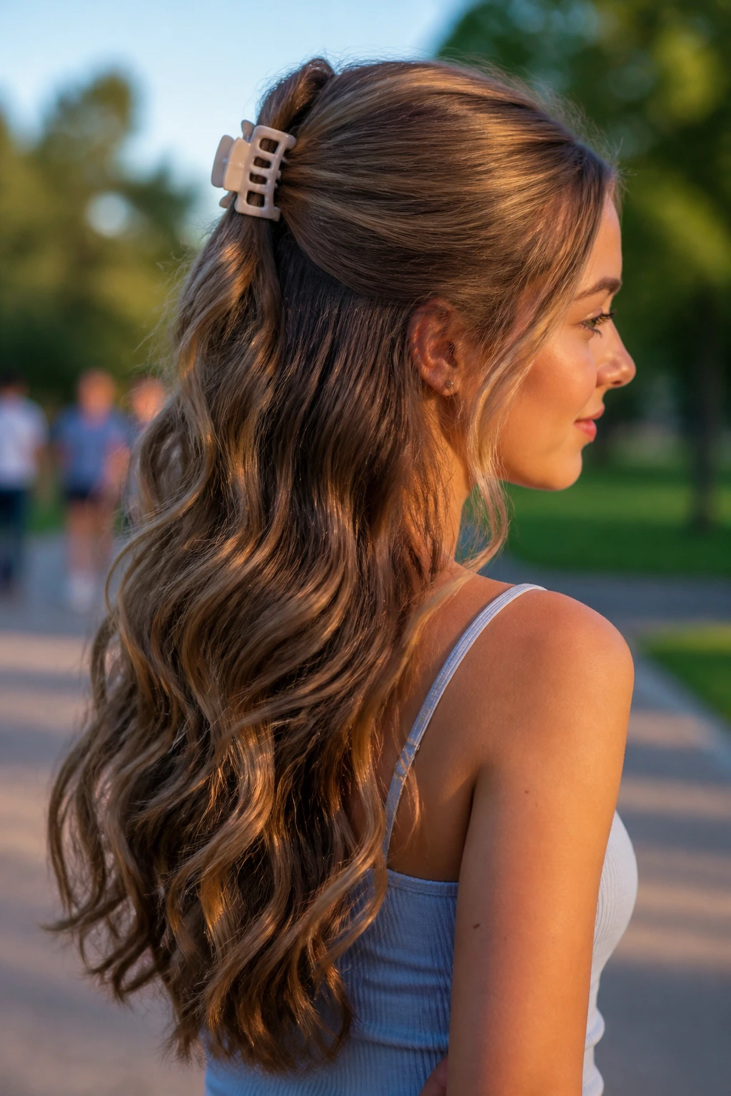 Close-up of a real girl's head with half-up hairstyle secured by a claw clip