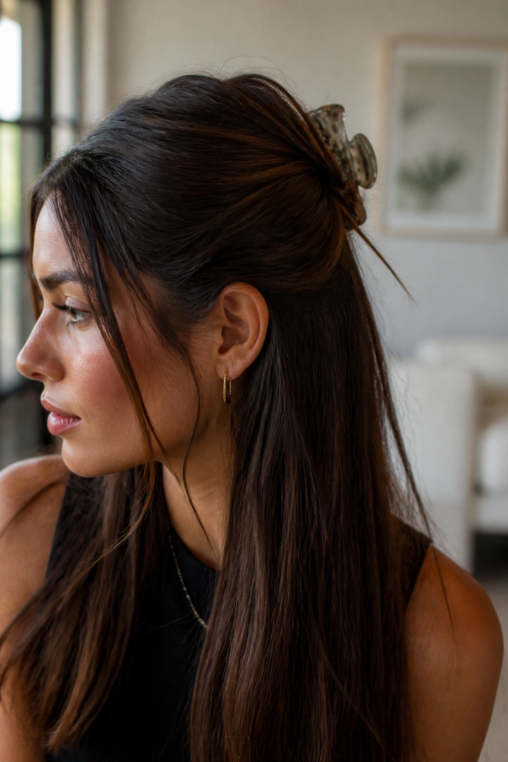 Close-up of a woman with a half-up claw clip hairstyle