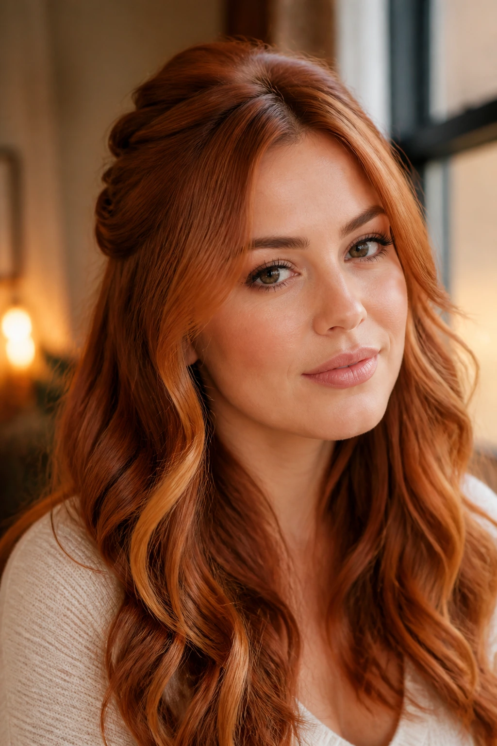 Real woman with half-up copper style and loose waves.