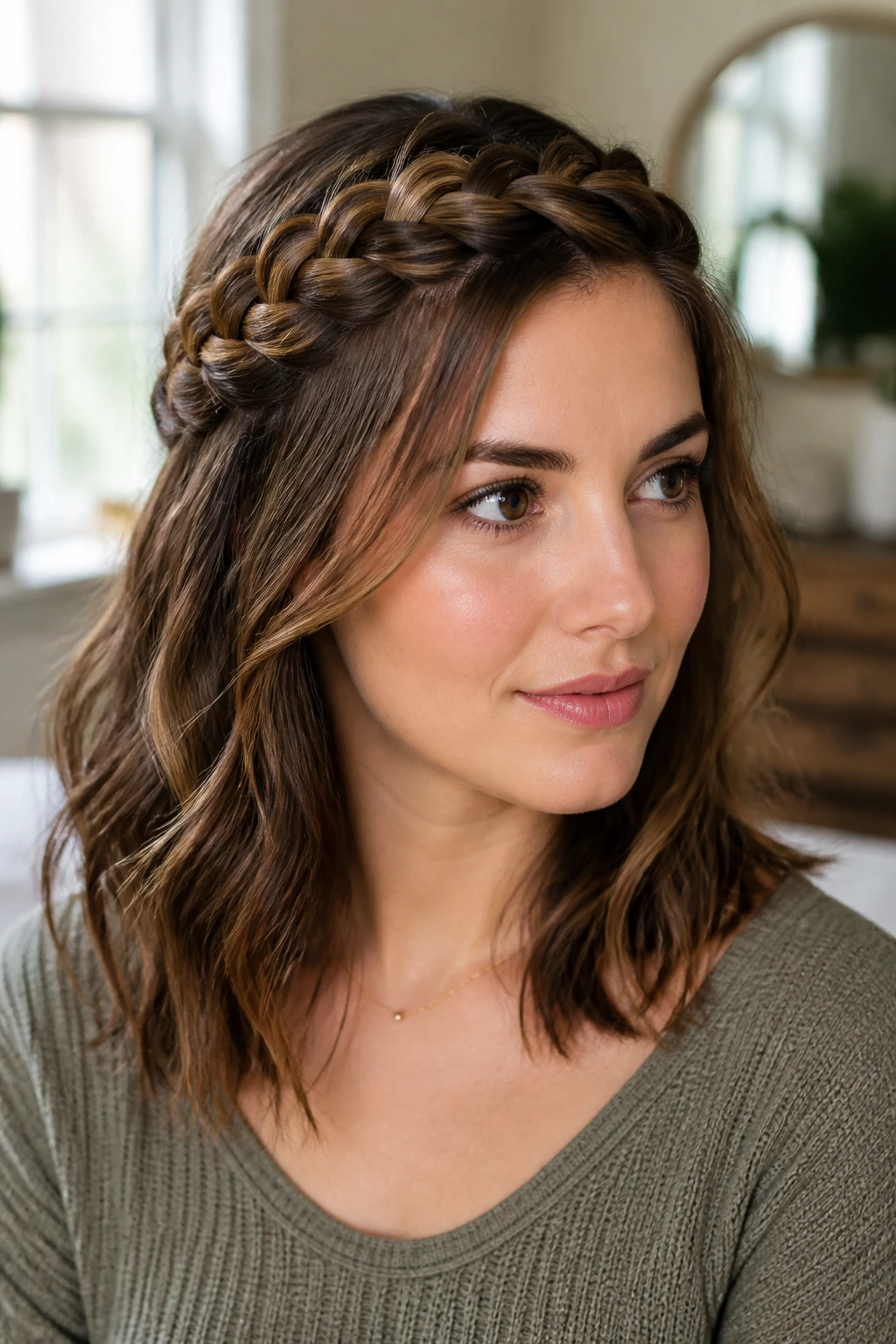 Close-up of a real woman wearing a half-up crown braid