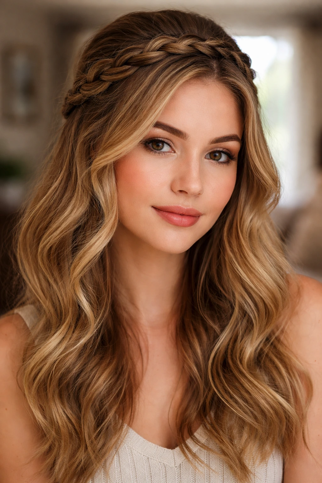 Close-up of a real woman wearing a textured half-up crown braid in a cozy living room
