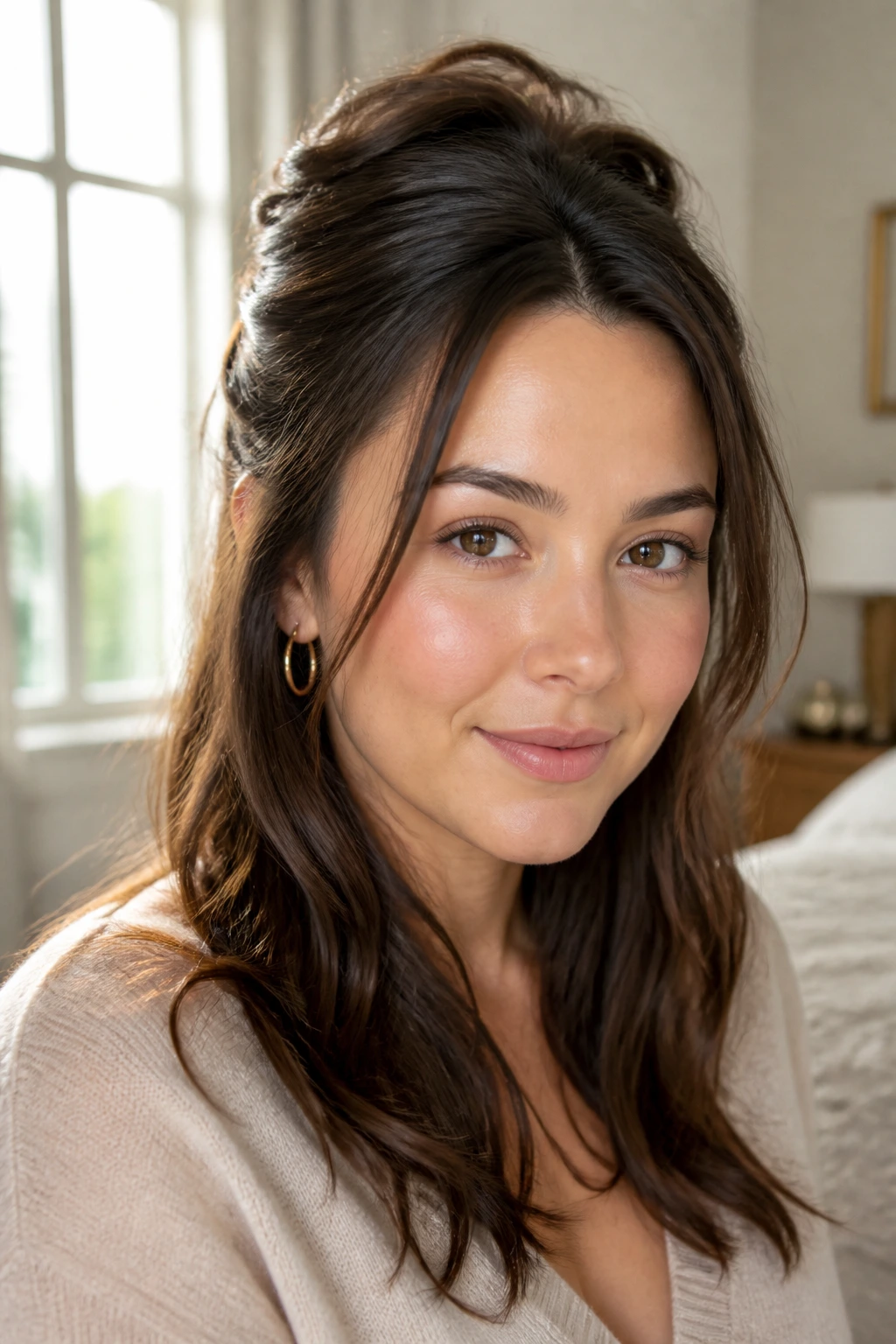 Real person with half-up crown-height hairstyle
