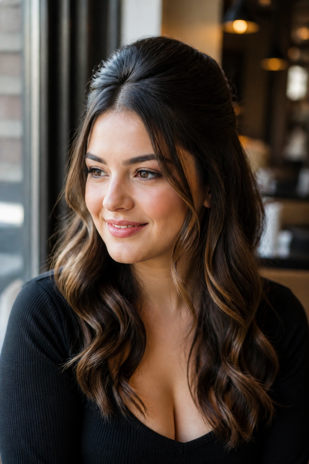 Real woman with half-up waves and crown height sitting by a window